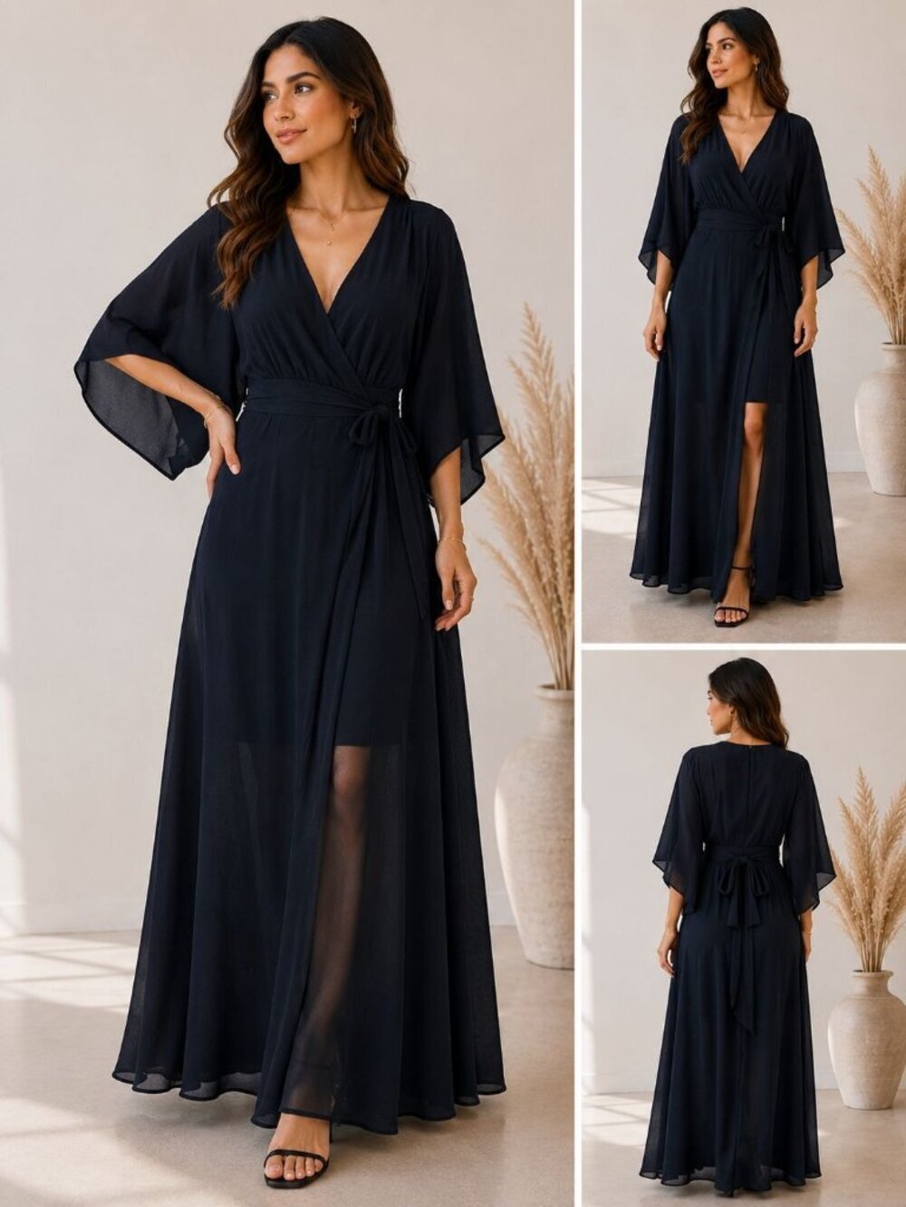 Women's Black Maxi Wrap Dress Size L Kimono Sleeve Deep V Neck Boho Elegant